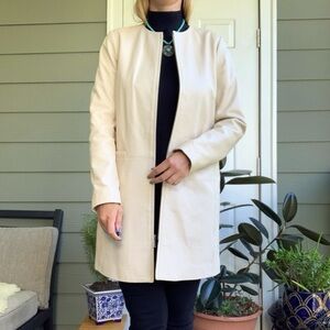 Neiman Marcus Ivory Mock Neck Leather Jacket Elegant Cream Women's Coat